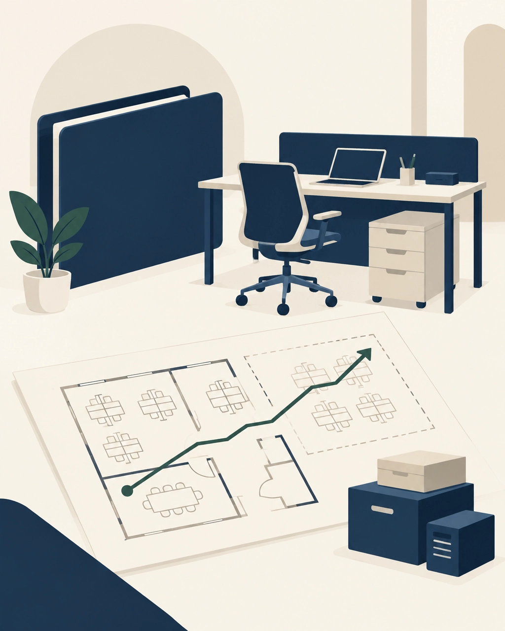 Editorial illustration of an expanding legal practice with staff workspace and equipment planning