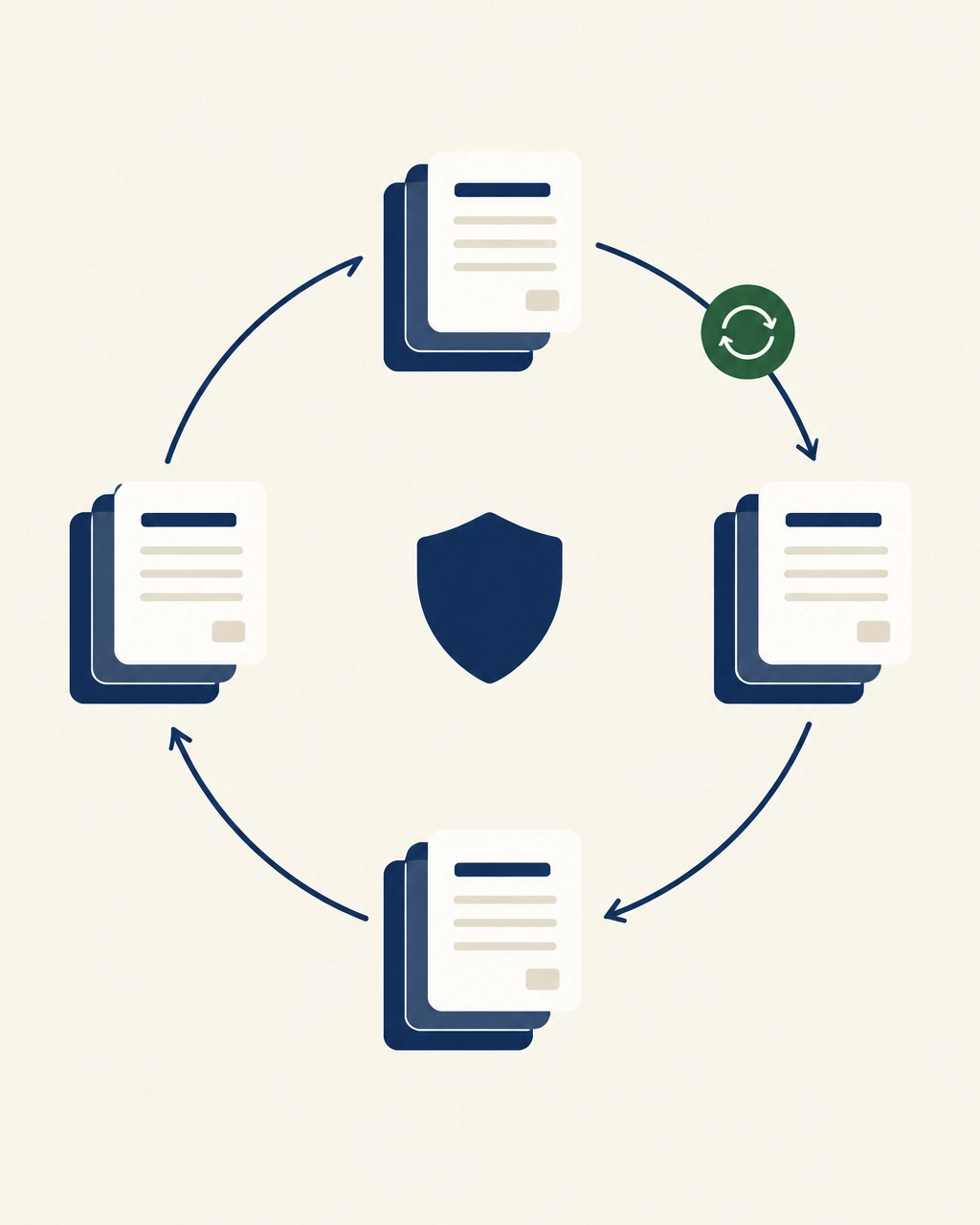 Minimal illustration of a repeating annual renewal cycle with a continuity marker and document cards