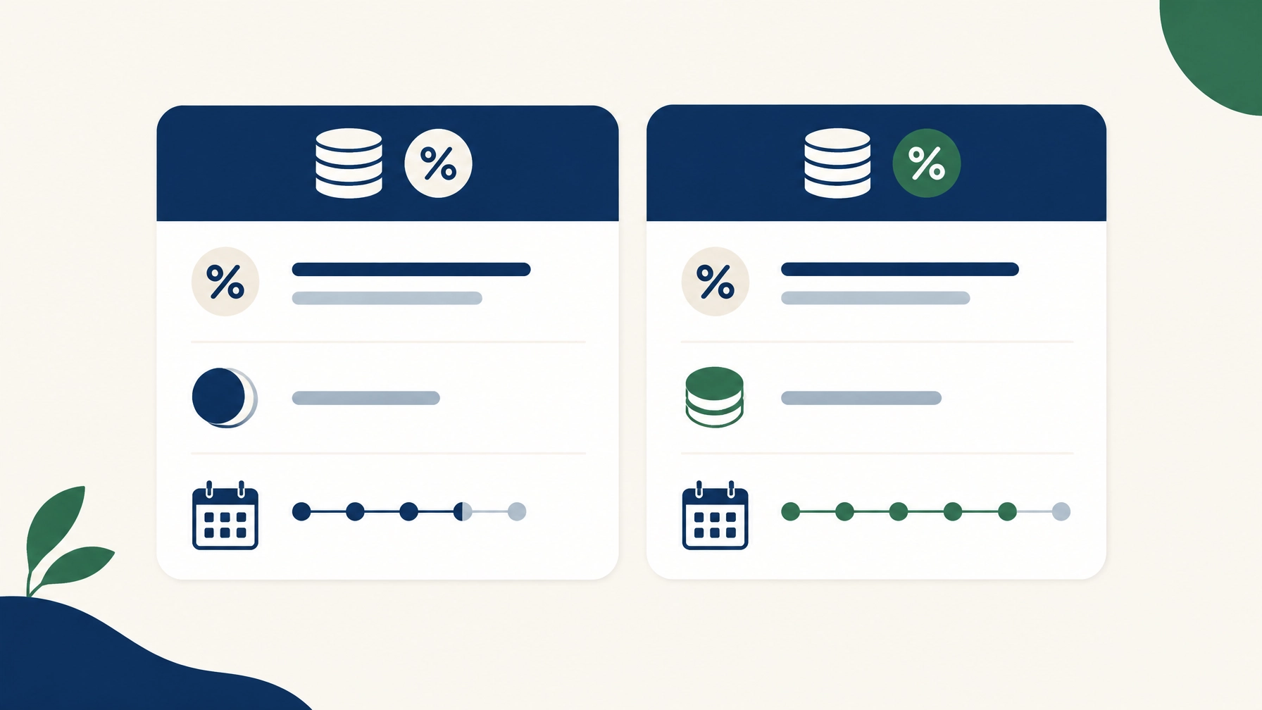 Clean editorial illustration comparing two similar business finance offers with different fees and repayment terms