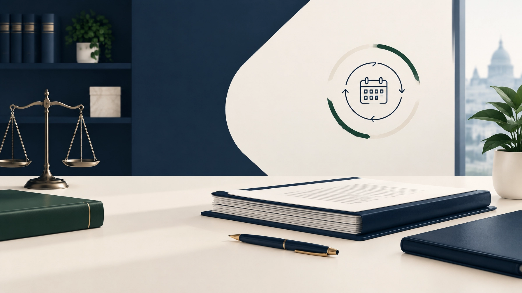 Abstract law office desk with documents and a professional indemnity insurance renewal motif