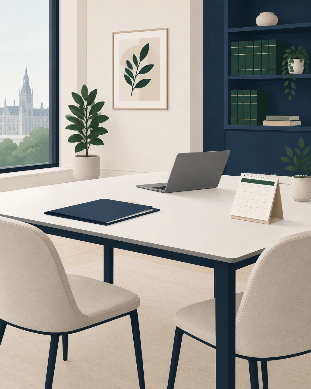 Modern law office scene with renewal planning documents and understated professional finance styling