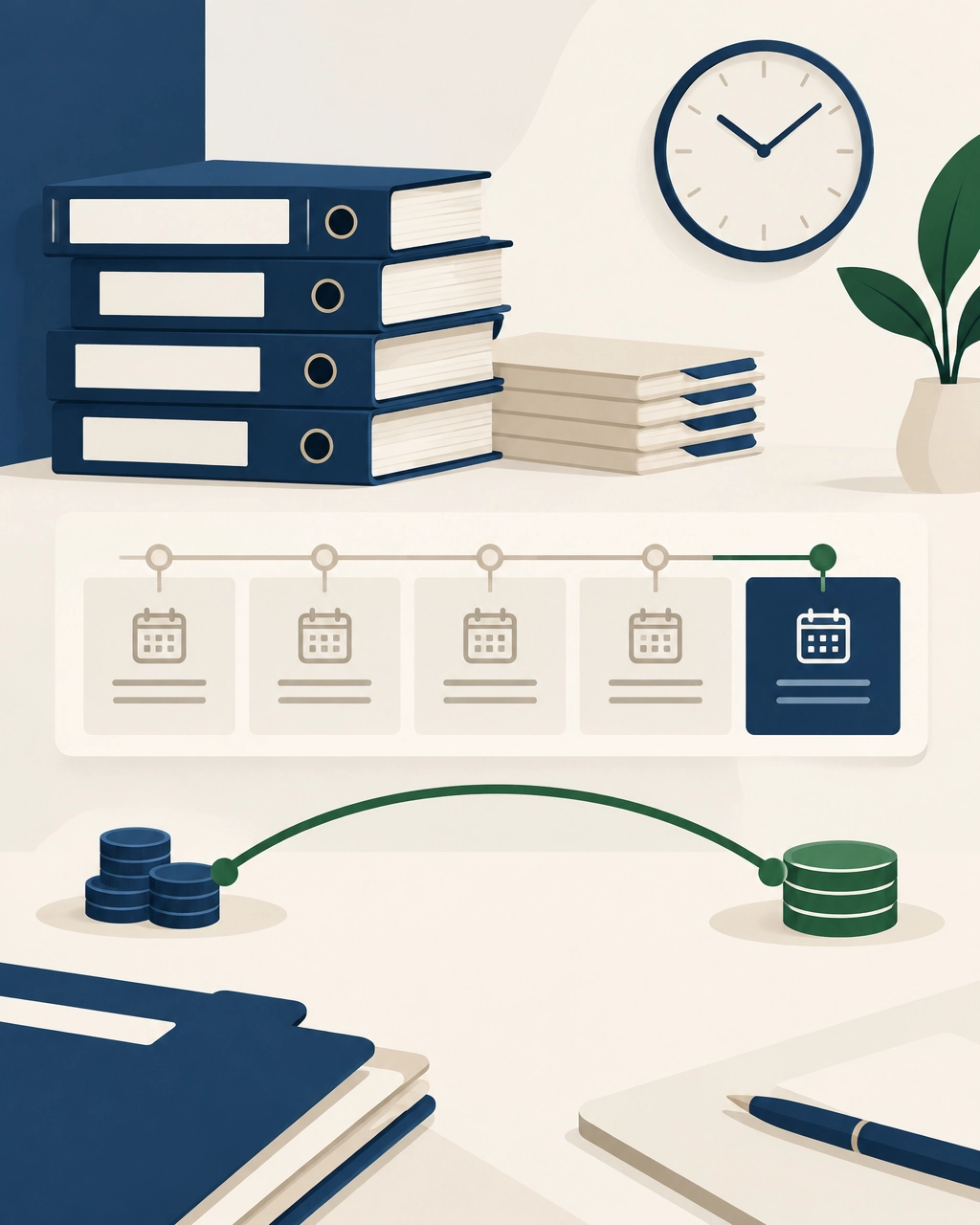 Minimal editorial illustration showing case files, a timeline and working capital bridging the gap before payment